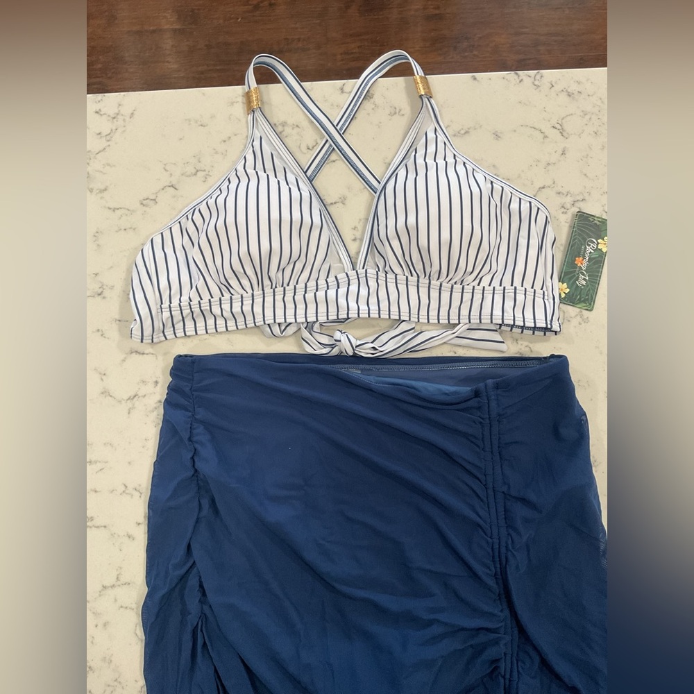 NWT Blooming Jelly Striped Navy White Bikini Top Navy Mesh Skirted Bottom XL